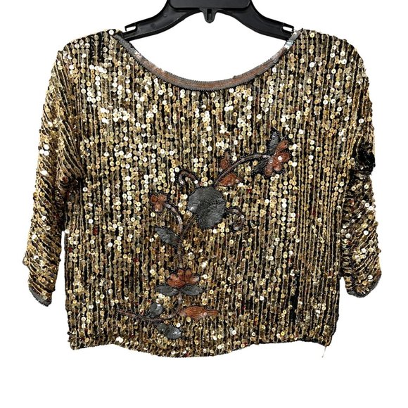 Handmade Handcrafted Beaded Floral Design Sequined Sparkly Crop Top - Picture 2 of 9